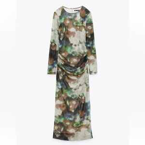 Zara Green Brown Camo Ruched Long Sleeve Mesh Tulle Maxi Dress Size XXL